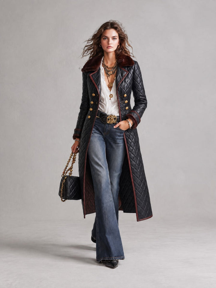 Women's Quilted Faux Leather Long Trench Coat with Faux Fur Collar