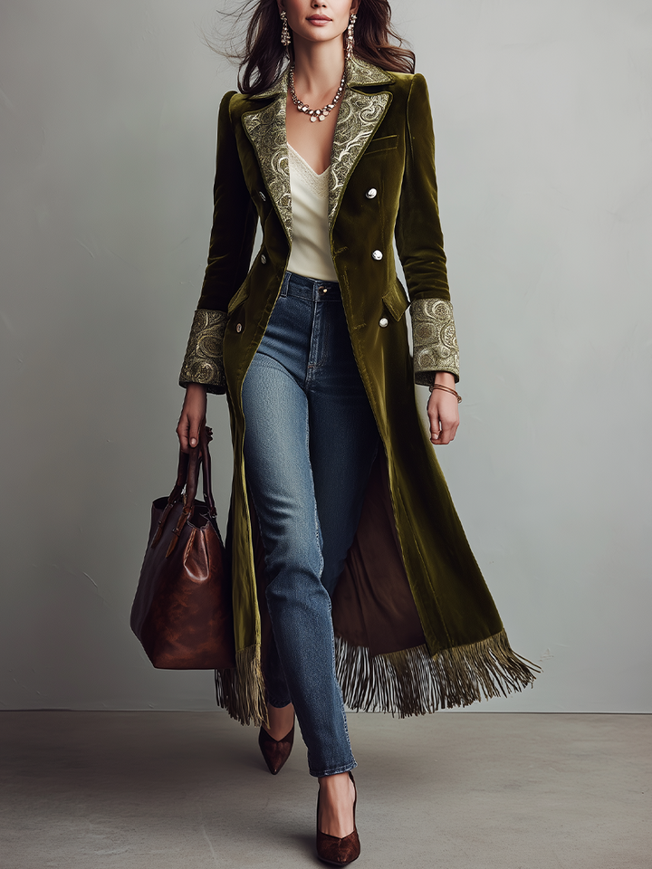 Vintage Olive Paisley Trim Velvet Maxi Coat