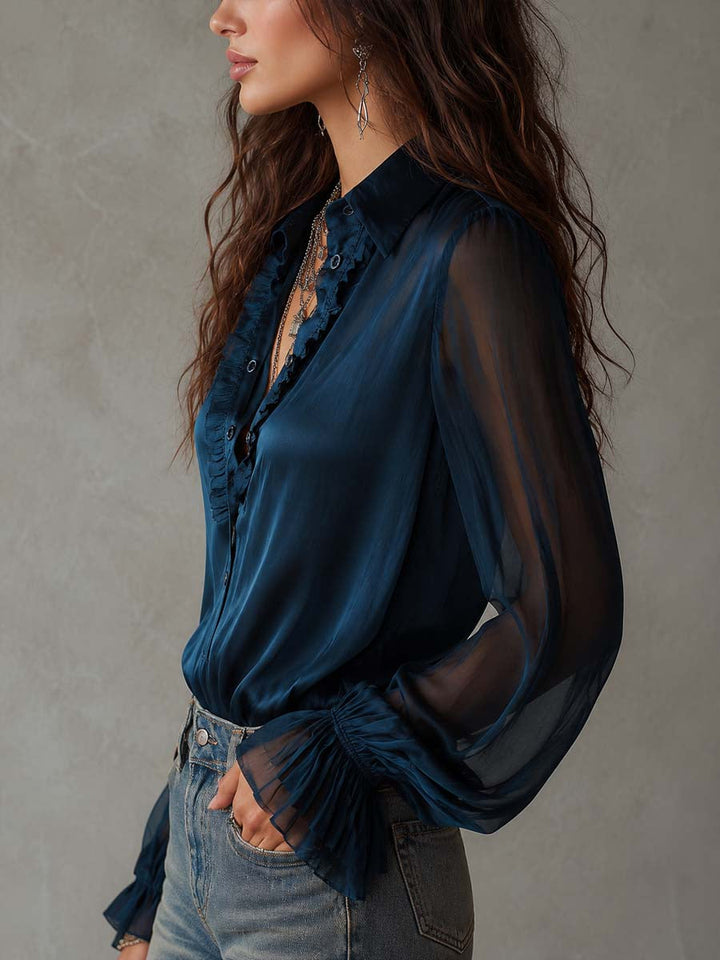 Women’s Vintage Sheer Ruffle Collar Long Sleeve Blouse