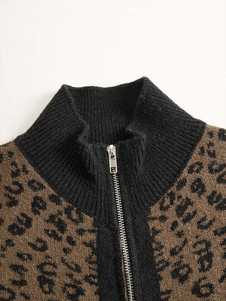 Women’s Vintage Leopard Print Slim Fit Zip Up Cardigan
