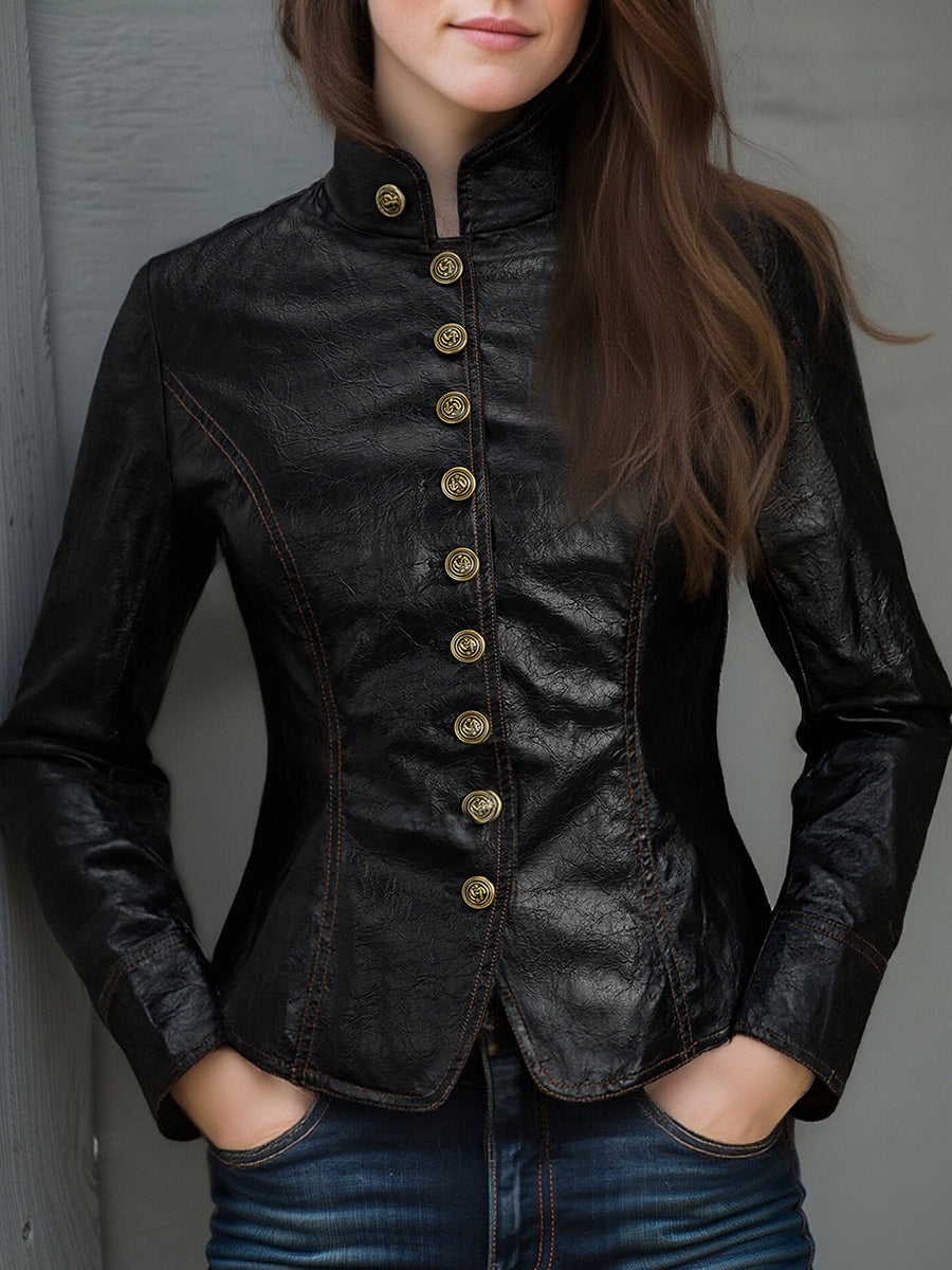 Women’s Retro Stand Collar Metal Button Jacket