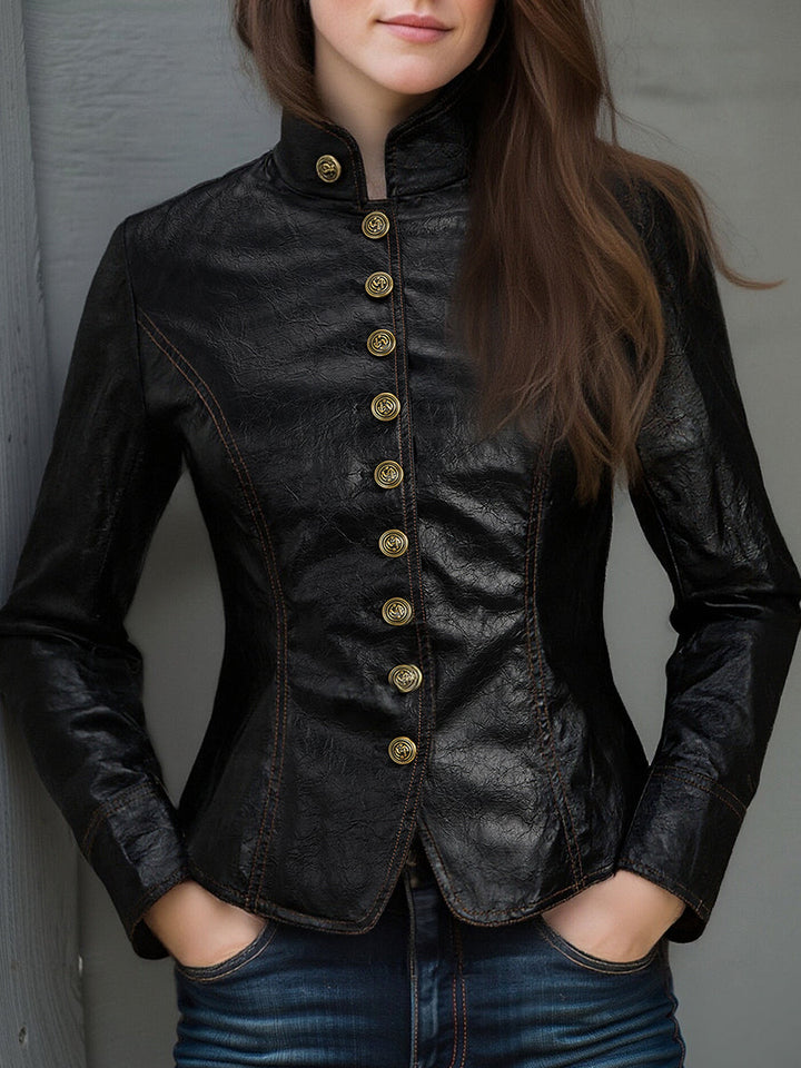 Women’s Retro Stand Collar Metal Button Jacket