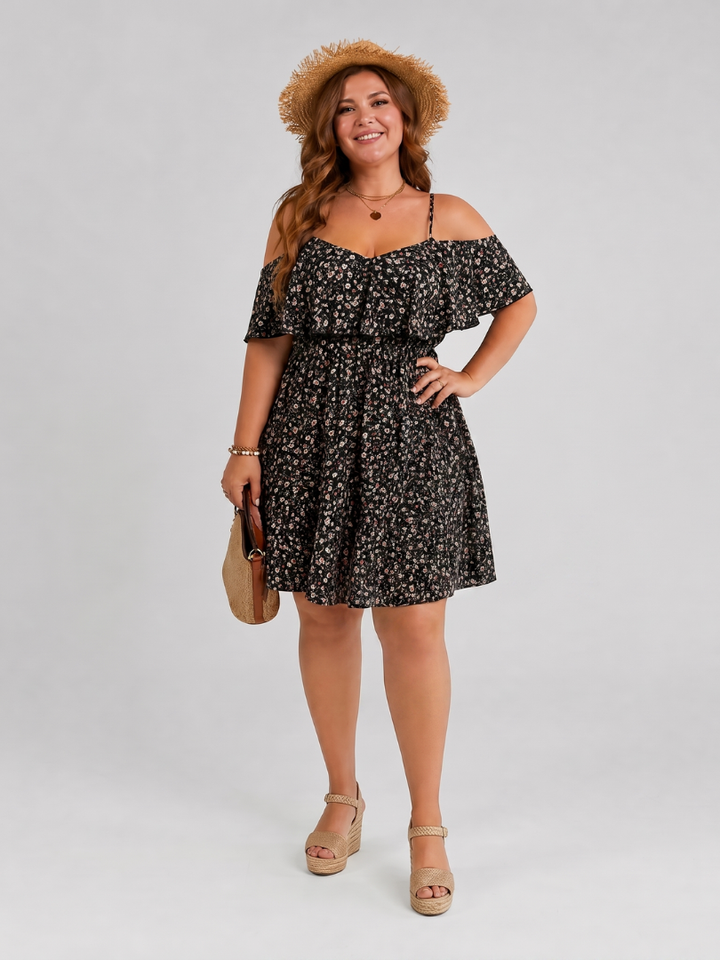Women’s Cold Shoulder Ruffle Overlay Knee Length Dress