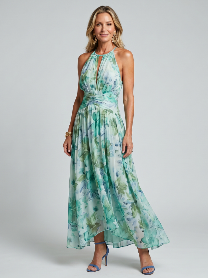 Women’s Pleated Halter Floral Midi Dress