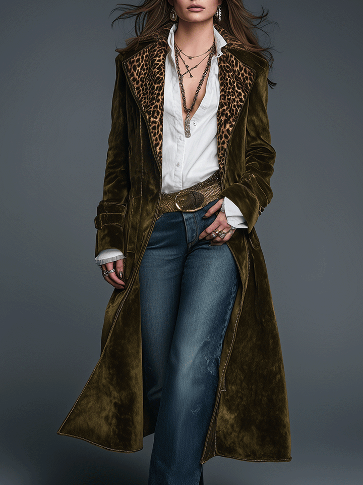 Women’s Olive Leopard Print Lapel Longline Coat