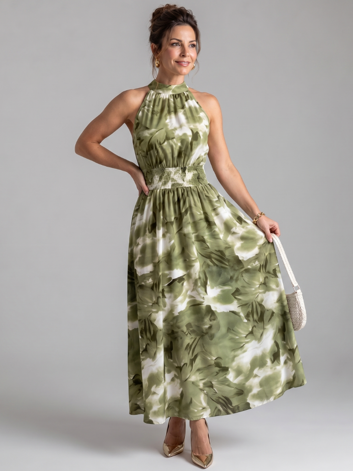 Women’s Gathered Waist Printed Midi Dress
