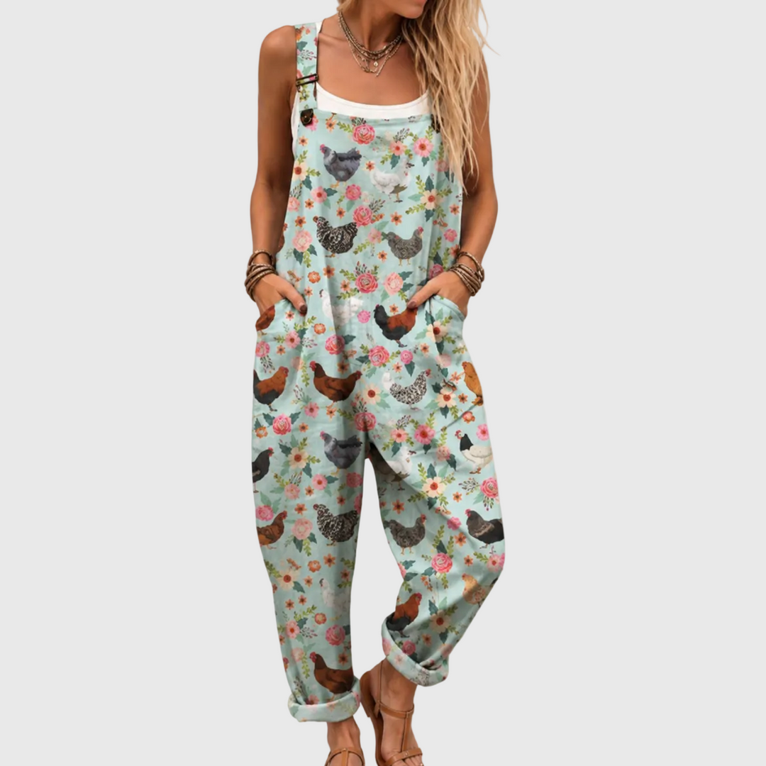 Women’s Floral Chicken Print Soft Pocketed Jumpsuit