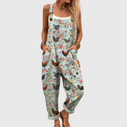 Women’s Floral Chicken Print Soft Pocketed Jumpsuit