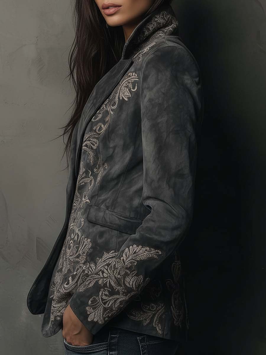 Women’s Charcoal Taupe Embossed Floral Blazer