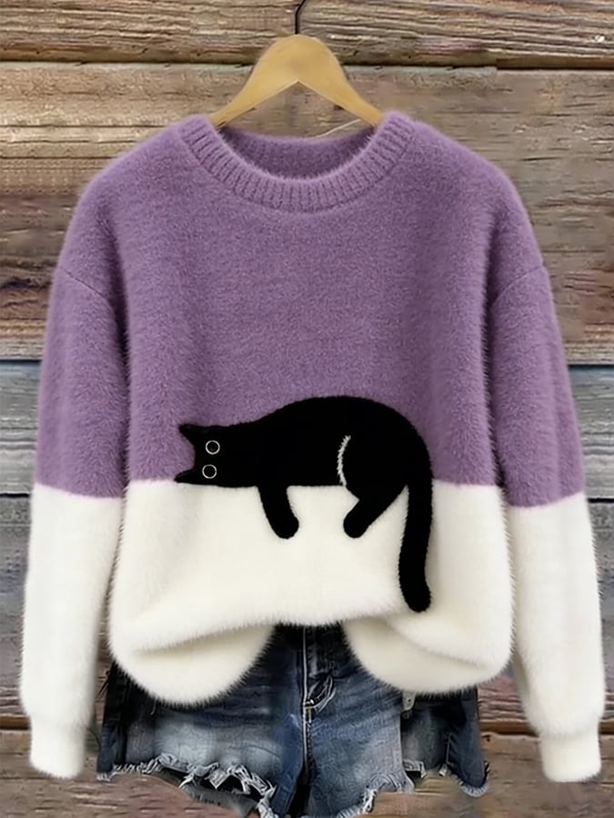 Women’s Cat Graphic Crewneck Pullover Sweater