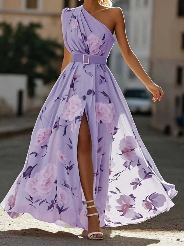 Women’s Light Green Floral One-Shoulder Maxi Dress