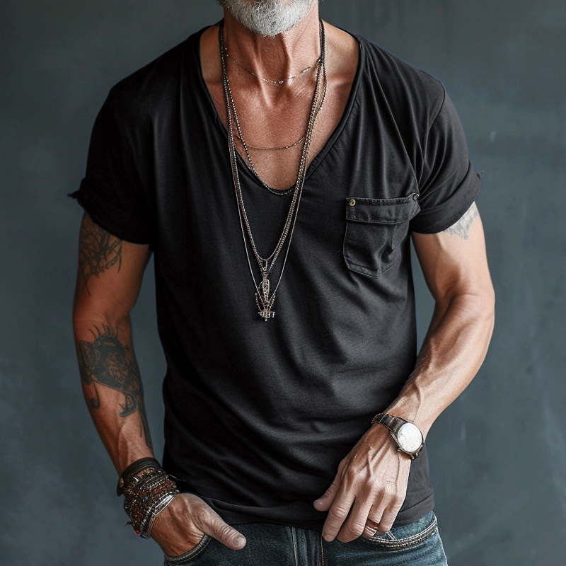 Men’s V-Neck Short Sleeve Chest Pocket T-Shirt