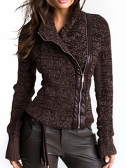 Women’s Brown Asymmetric Zip Ribbed Knit Jacket