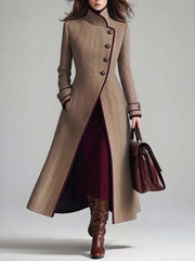 Women's Elegant Herringbone Wool Long Coat with Contrast Piping Stand Collar