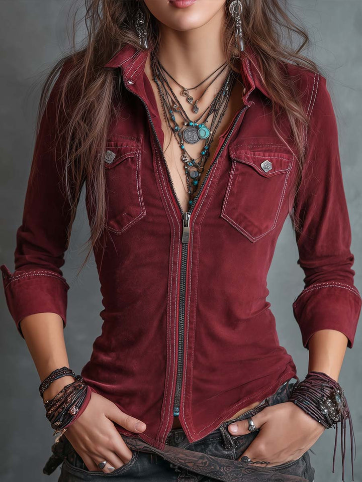 Men’s Vintage Zip Front Distressed Flap Pocket Shirt