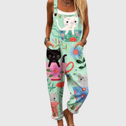 Women’s Soft Cat And Floral Print Jumpsuit