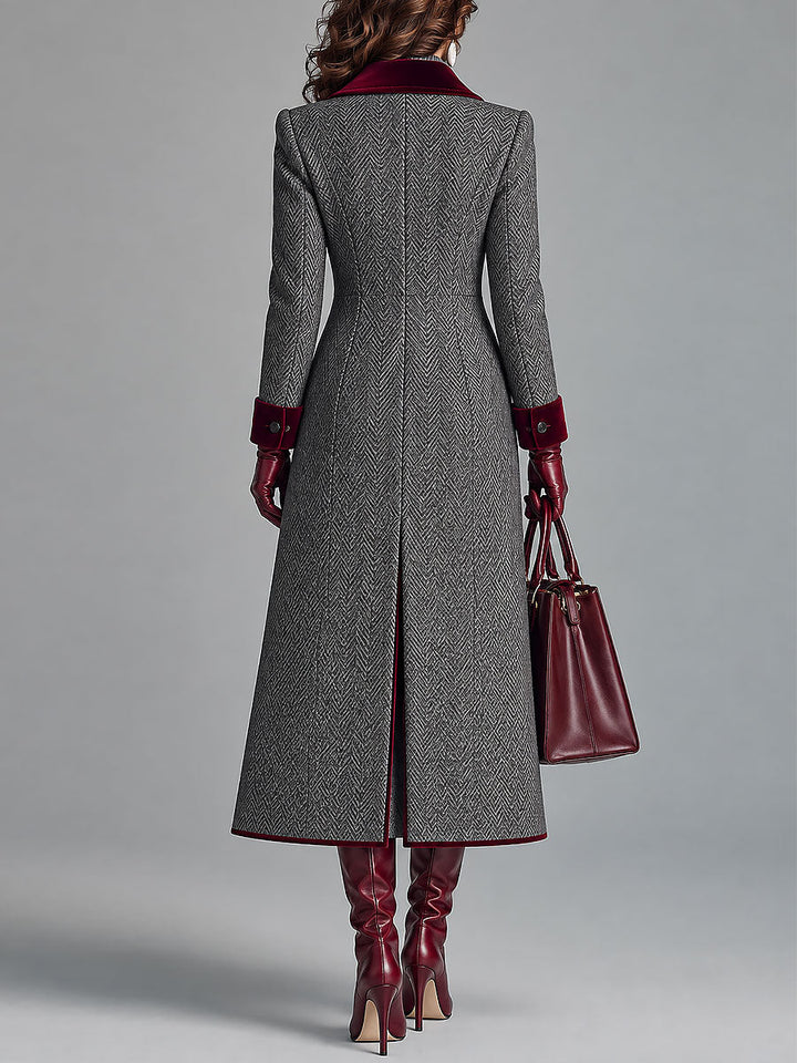 Women’s Herringbone Long Coat With Contrast Trim