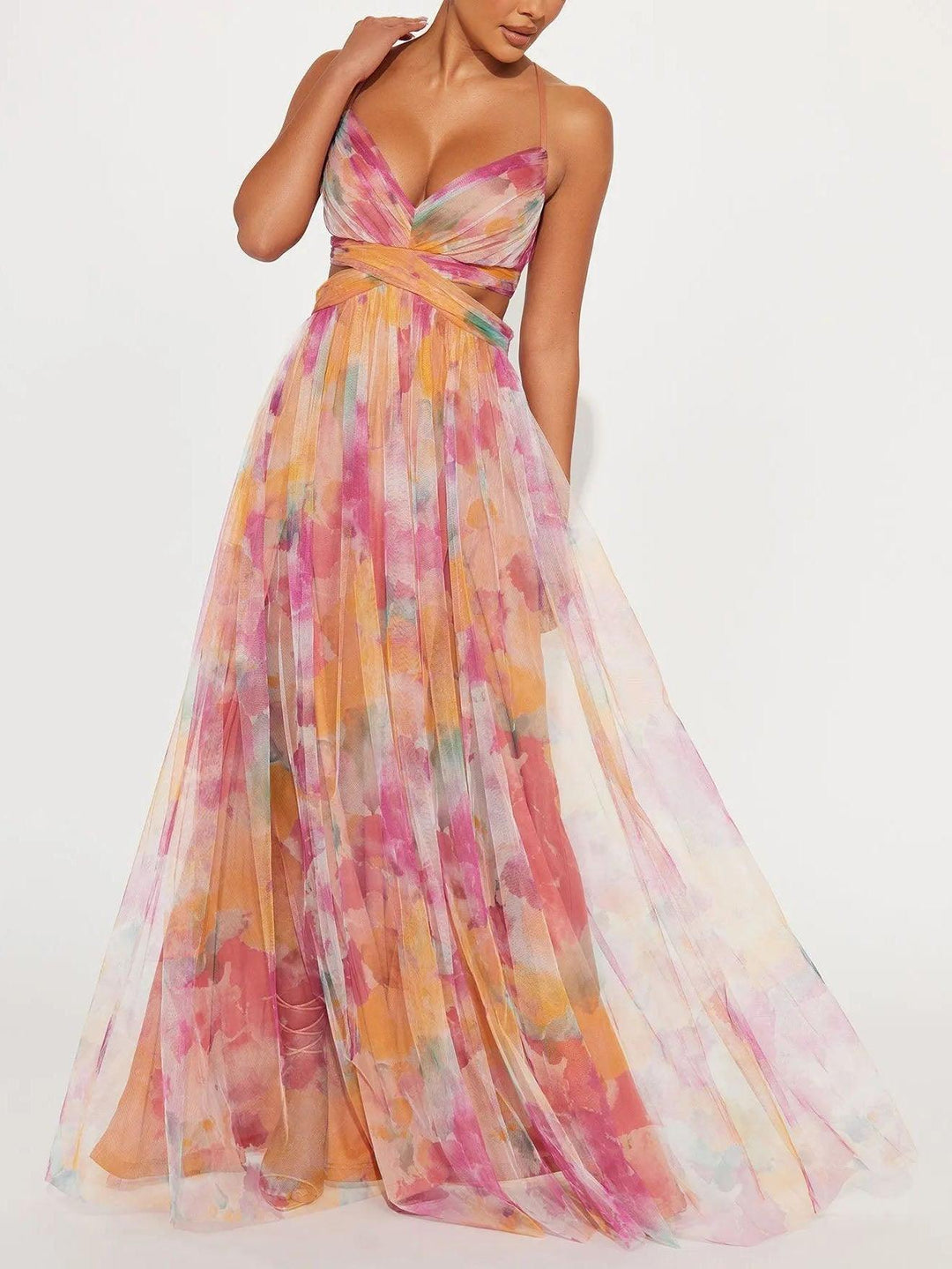 Women’s Painted Floral Print V-Neck Maxi Dress