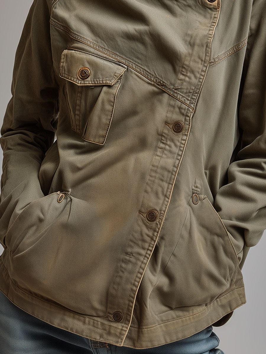Women’s Retro Stand Collar Slanted Placket Jacket
