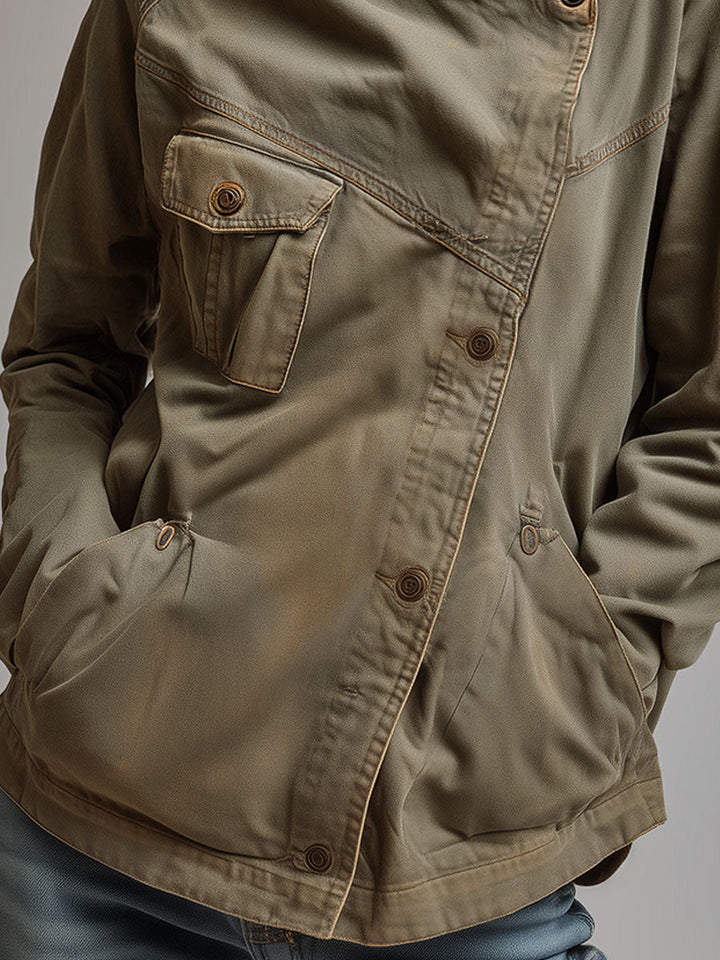 Women’s Retro Stand Collar Slanted Placket Jacket