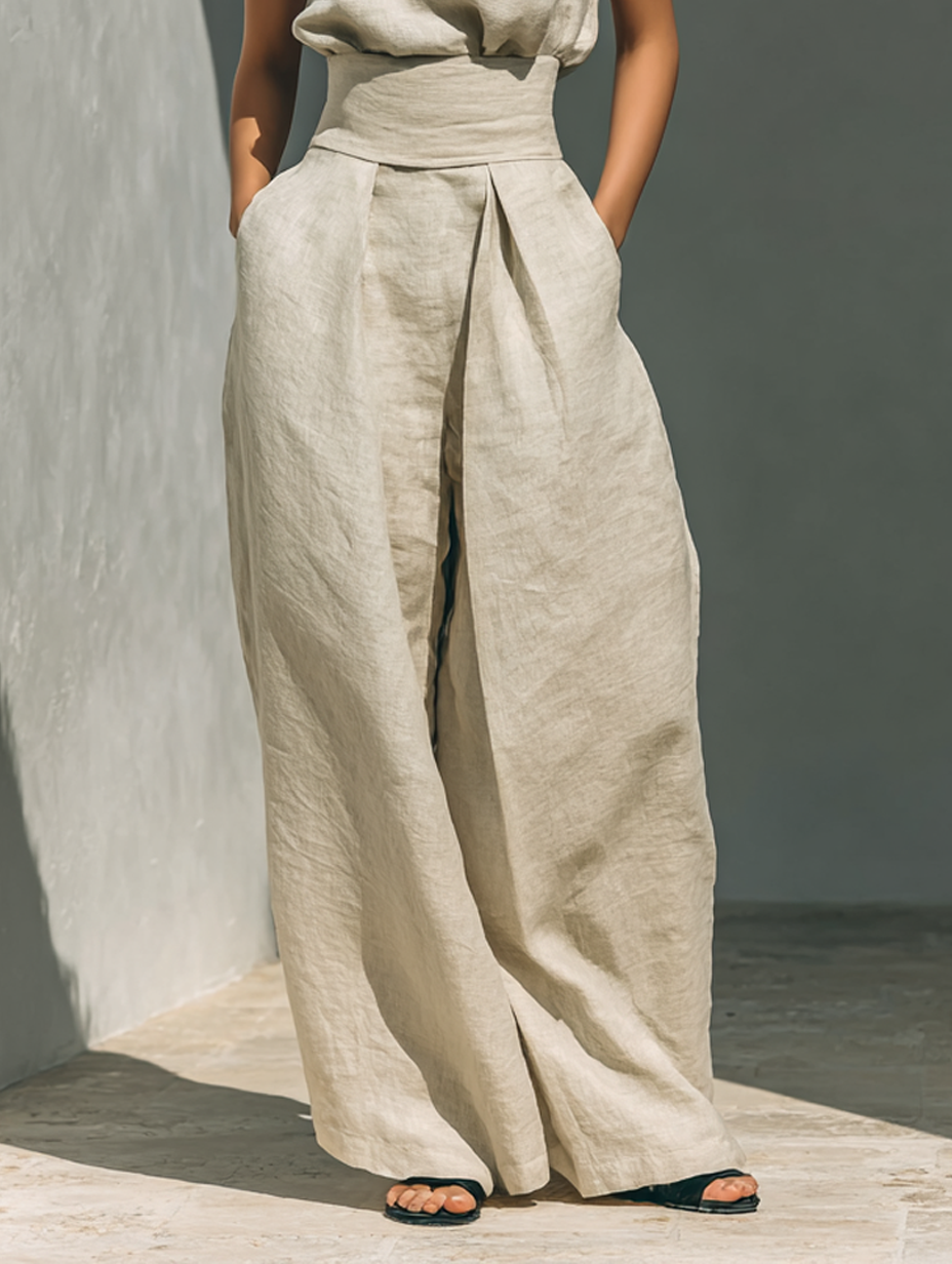 Women’s Minimalist Sleeveless Two-Piece Blouse And Wide-Leg Pants Set