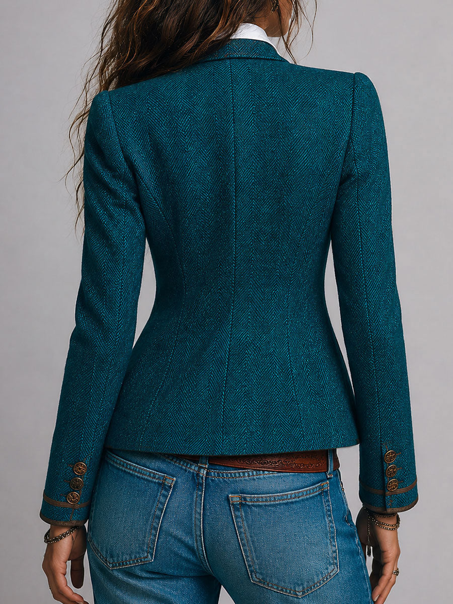 Women’s Herringbone Fitted Contrast Trim Blazer