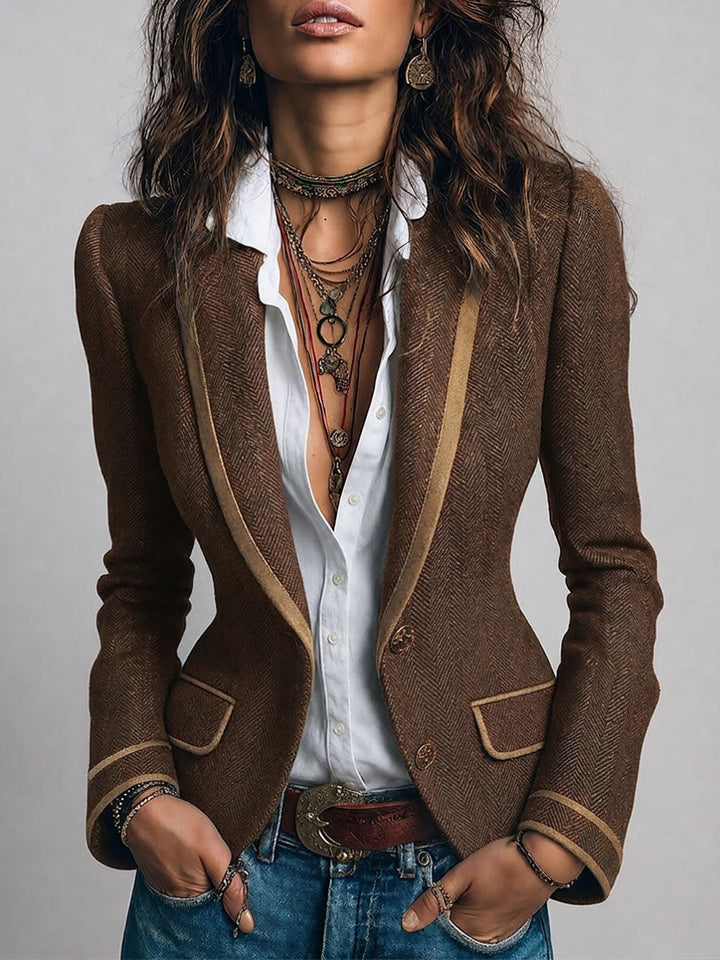 Women’s Herringbone Fitted Contrast Trim Blazer
