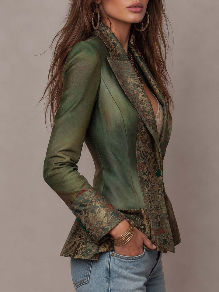 Women’s Olive Green Floral Single Button Fitted Blazer