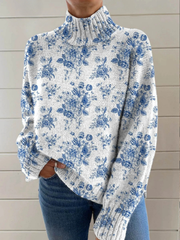 Women’s Blue Floral Turtleneck Sweater