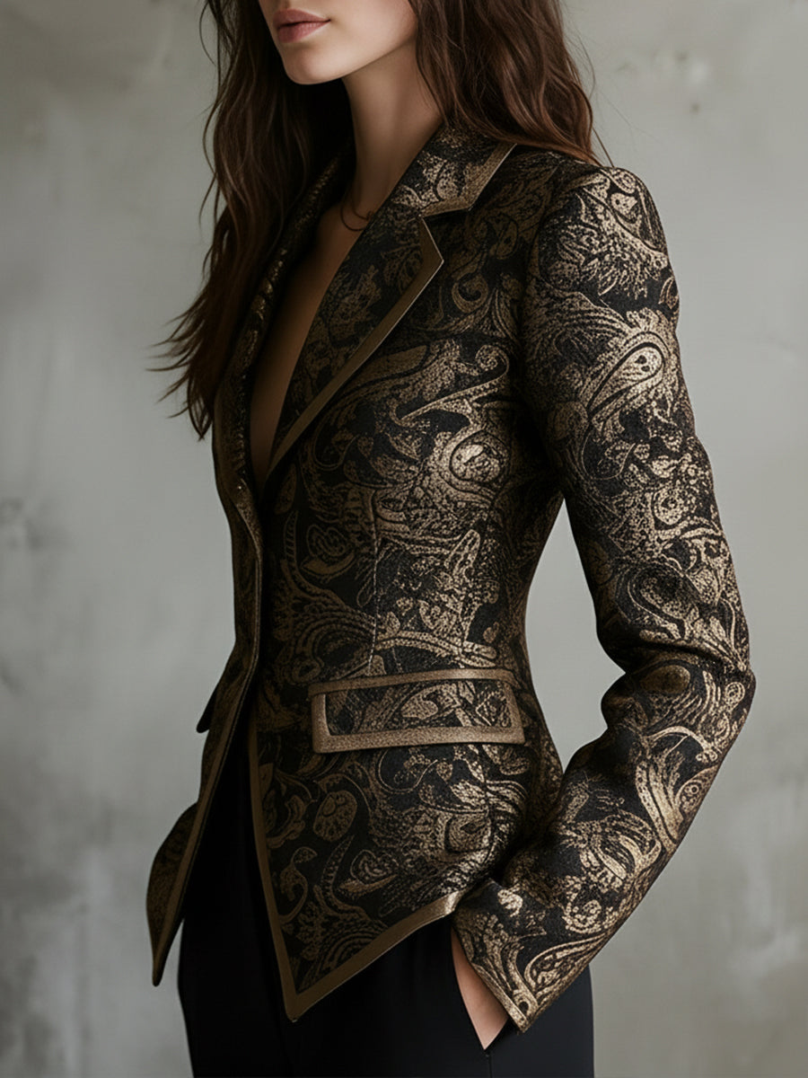 Women’s Paisley Jacquard Shawl Lapel Fitted Blazer