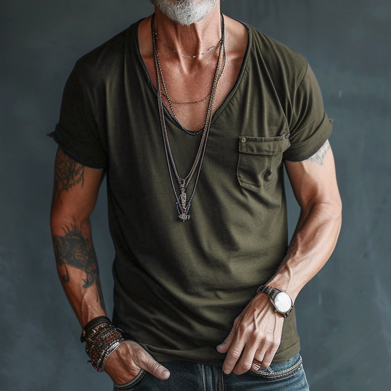 Men’s V-Neck Short Sleeve Chest Pocket T-Shirt