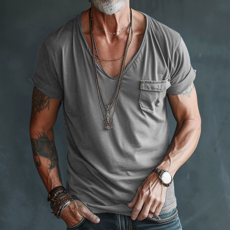 Men’s V-Neck Short Sleeve Chest Pocket T-Shirt