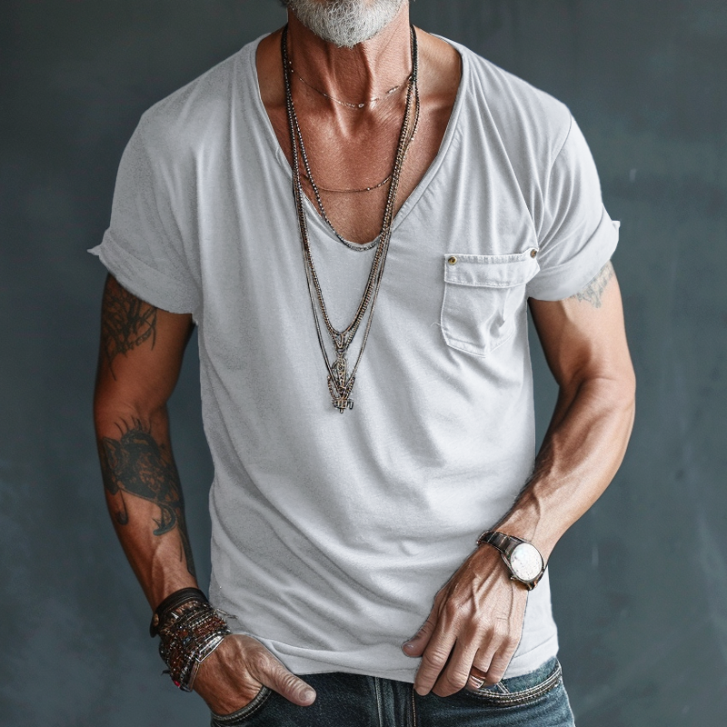 Men’s V-Neck Short Sleeve Chest Pocket T-Shirt