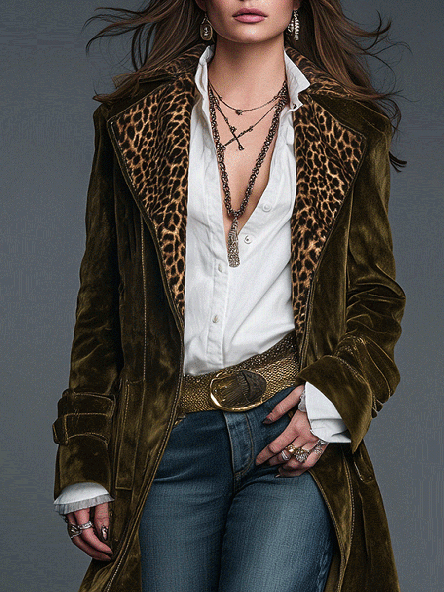 Women’s Olive Leopard Print Lapel Longline Coat