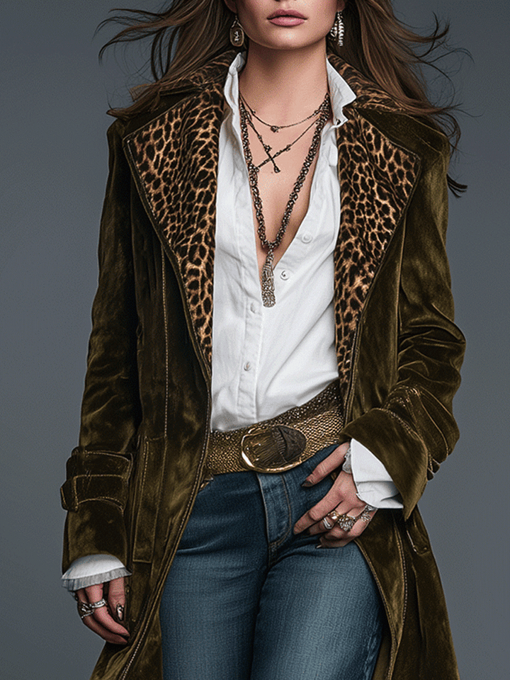 Women’s Olive Leopard Print Lapel Longline Coat