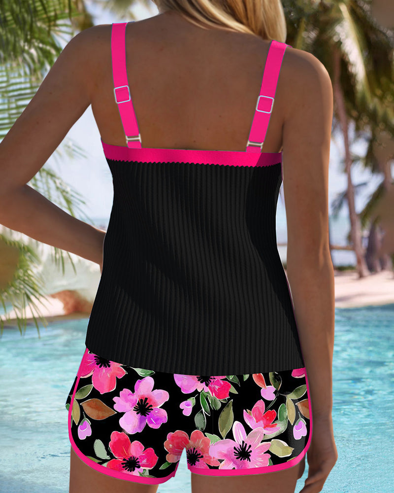 Women’s Ribbed Two-Piece High Waisted Tankini Shorts Set
