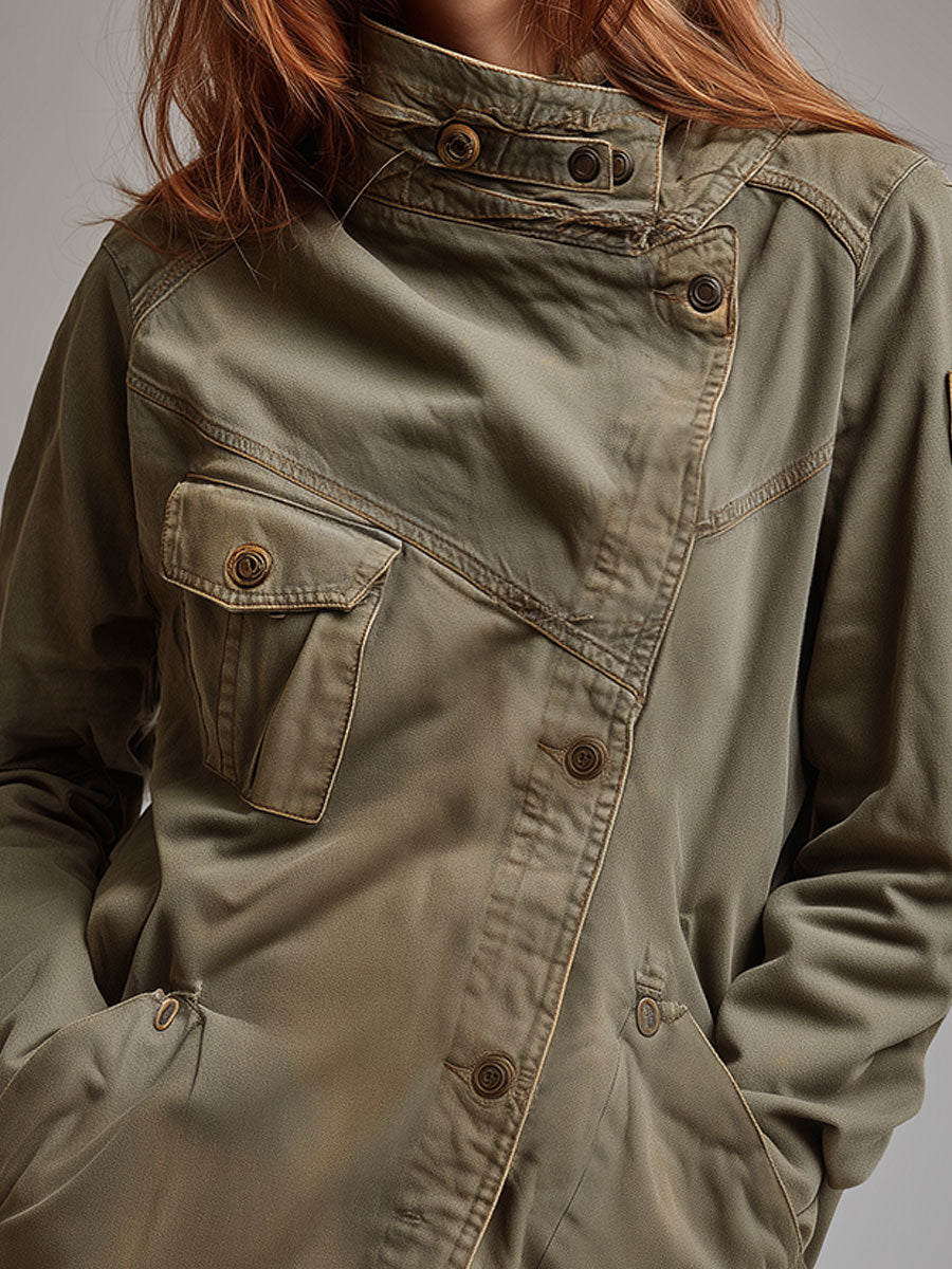 Women’s Retro Stand Collar Slanted Placket Jacket