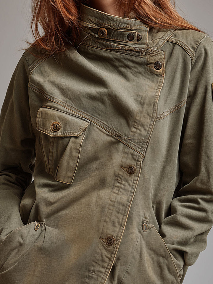 Women’s Retro Stand Collar Slanted Placket Jacket