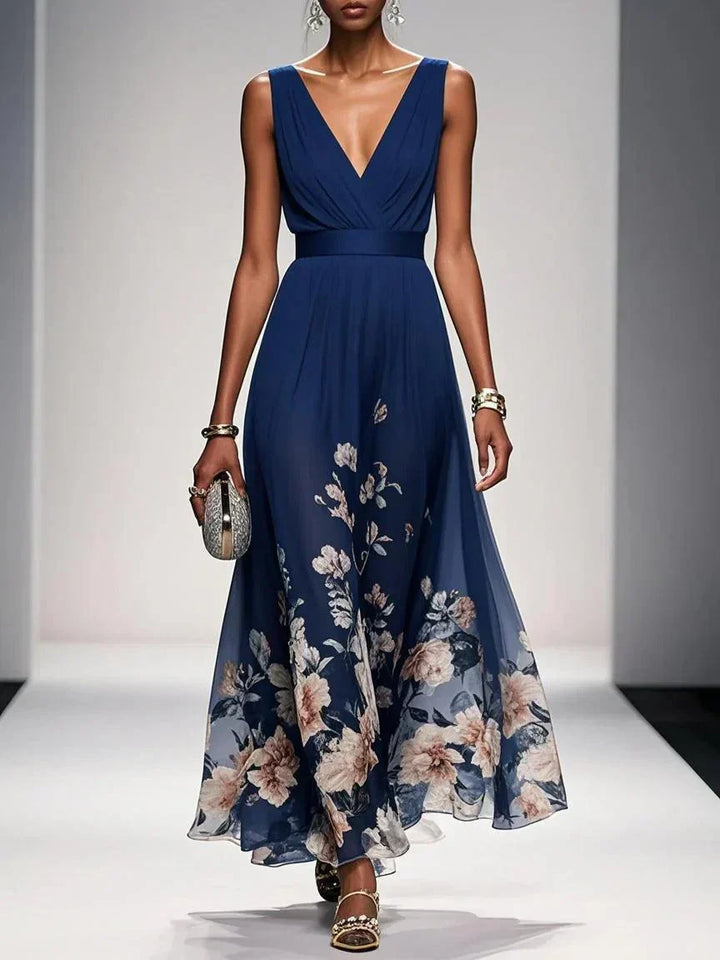 Women’s Light Blue Floral V Neck Maxi Dress