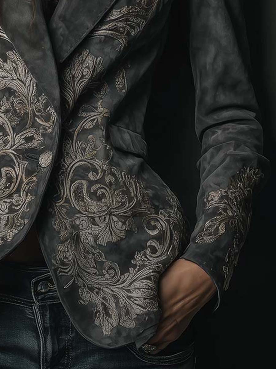 Women’s Charcoal Taupe Embossed Floral Blazer