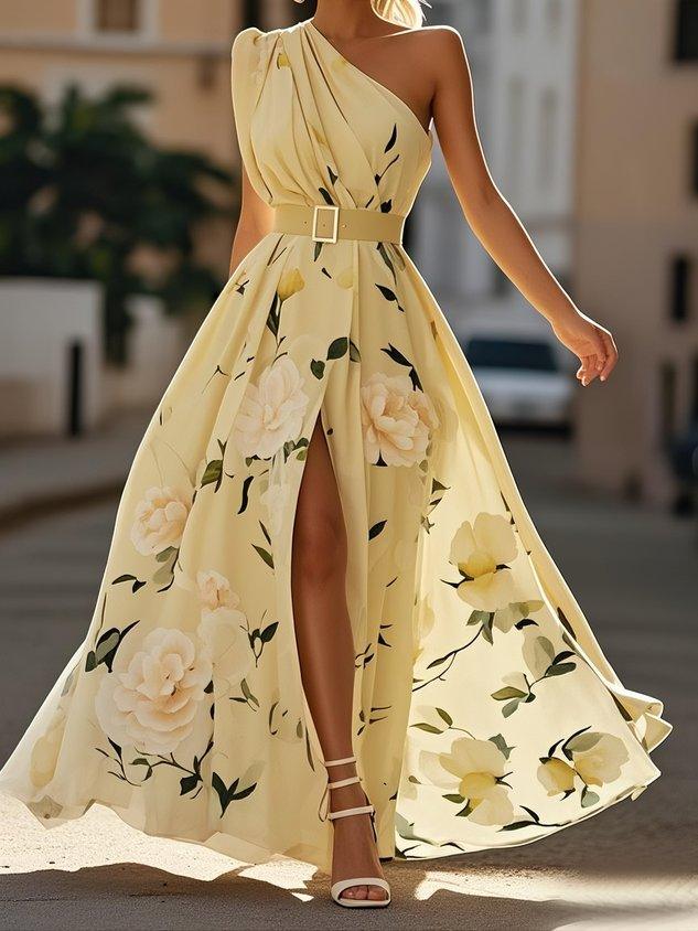 Women’s Light Green Floral One-Shoulder Maxi Dress
