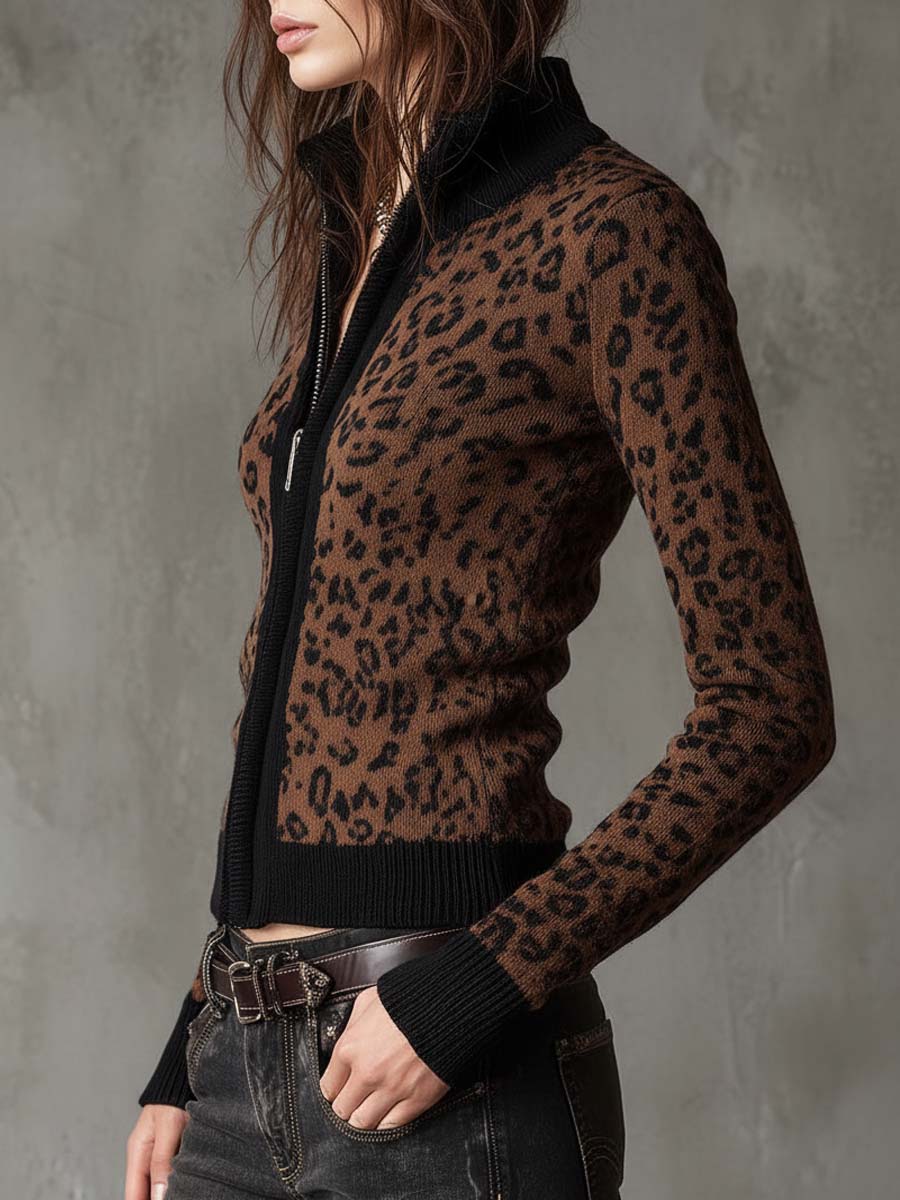 Women’s Vintage Leopard Print Slim Fit Zip Up Cardigan