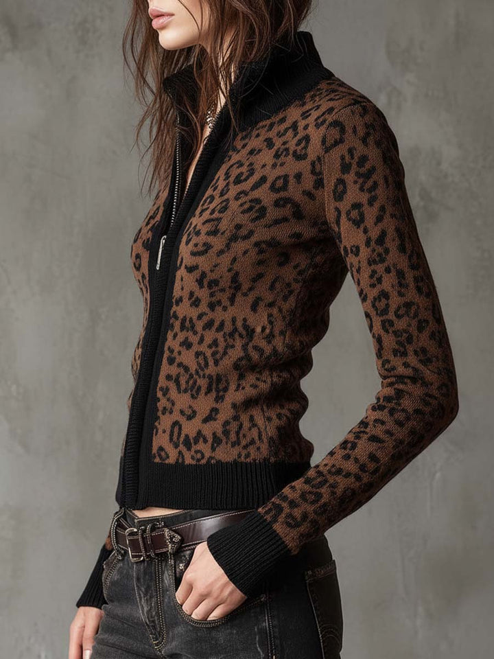 Women’s Vintage Leopard Print Slim Fit Zip Up Cardigan