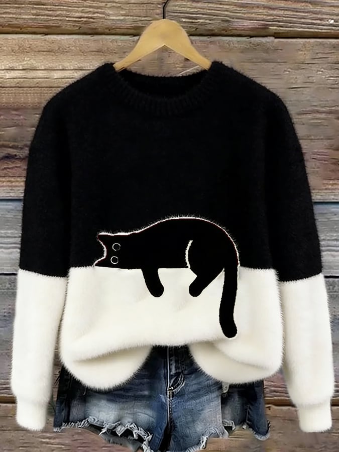 Women’s Cat Graphic Crewneck Pullover Sweater