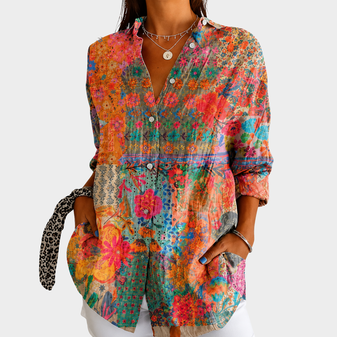Women’s Floral Patchwork Button Front Blouse