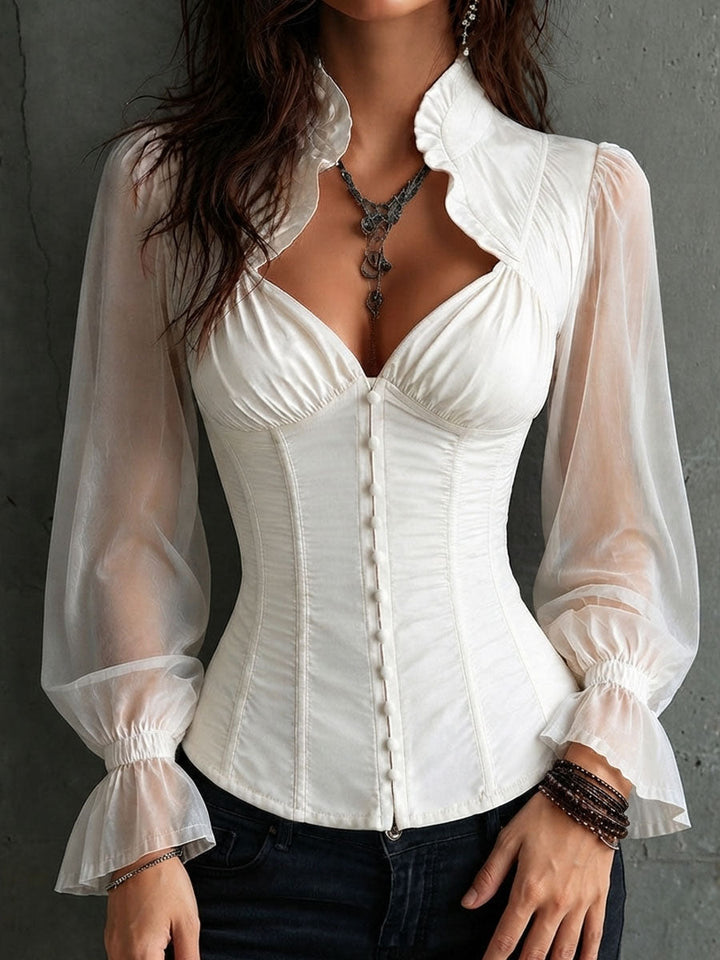 Women’s White Sheer Sleeve Corset Blouse