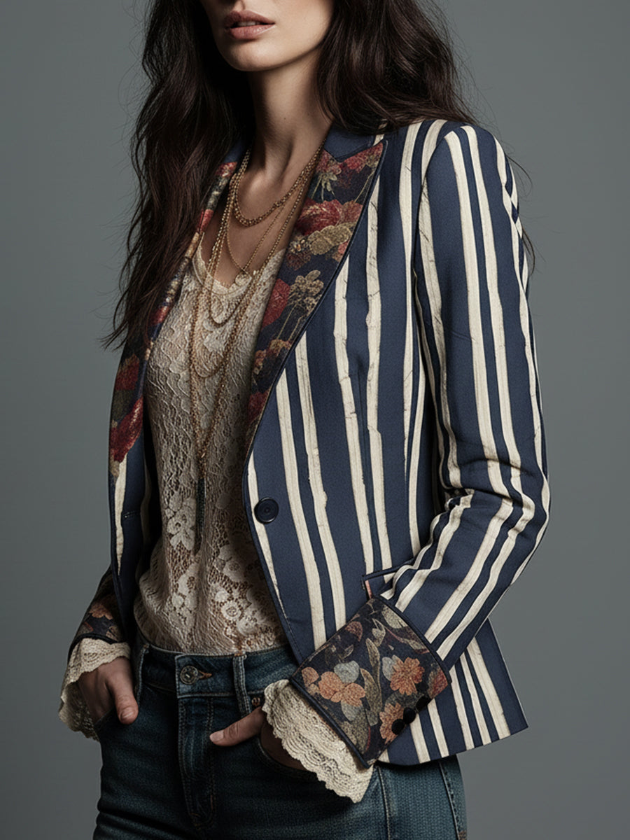 Women’s Boho Floral Striped Blazer