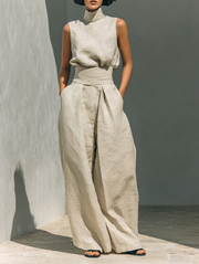 Women’s Minimalist Sleeveless Two-Piece Blouse And Wide-Leg Pants Set
