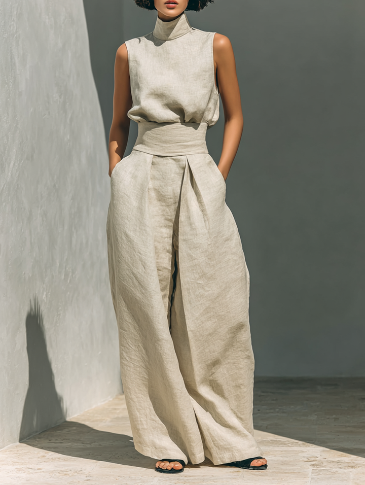 Women’s Minimalist Sleeveless Two-Piece Blouse And Wide-Leg Pants Set
