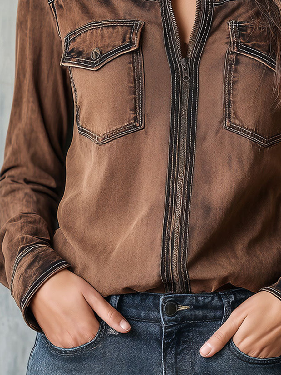 Women’s Vintage Washed Brown Contrast Stitching Utility Zip Shirt Jacket